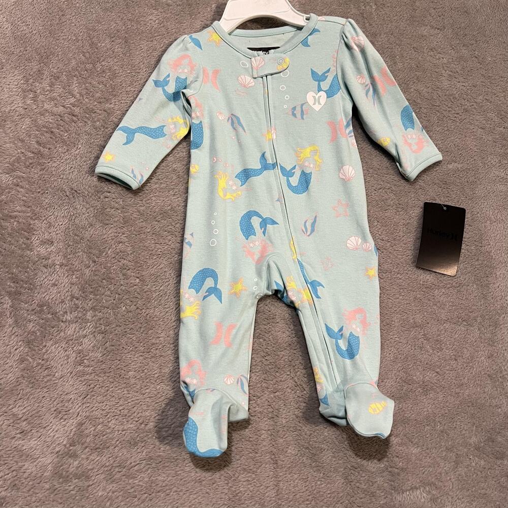 Hurley Sleeper Pajamas Girls 3M Mint Green Zip Footed One Piece Mermaid Print